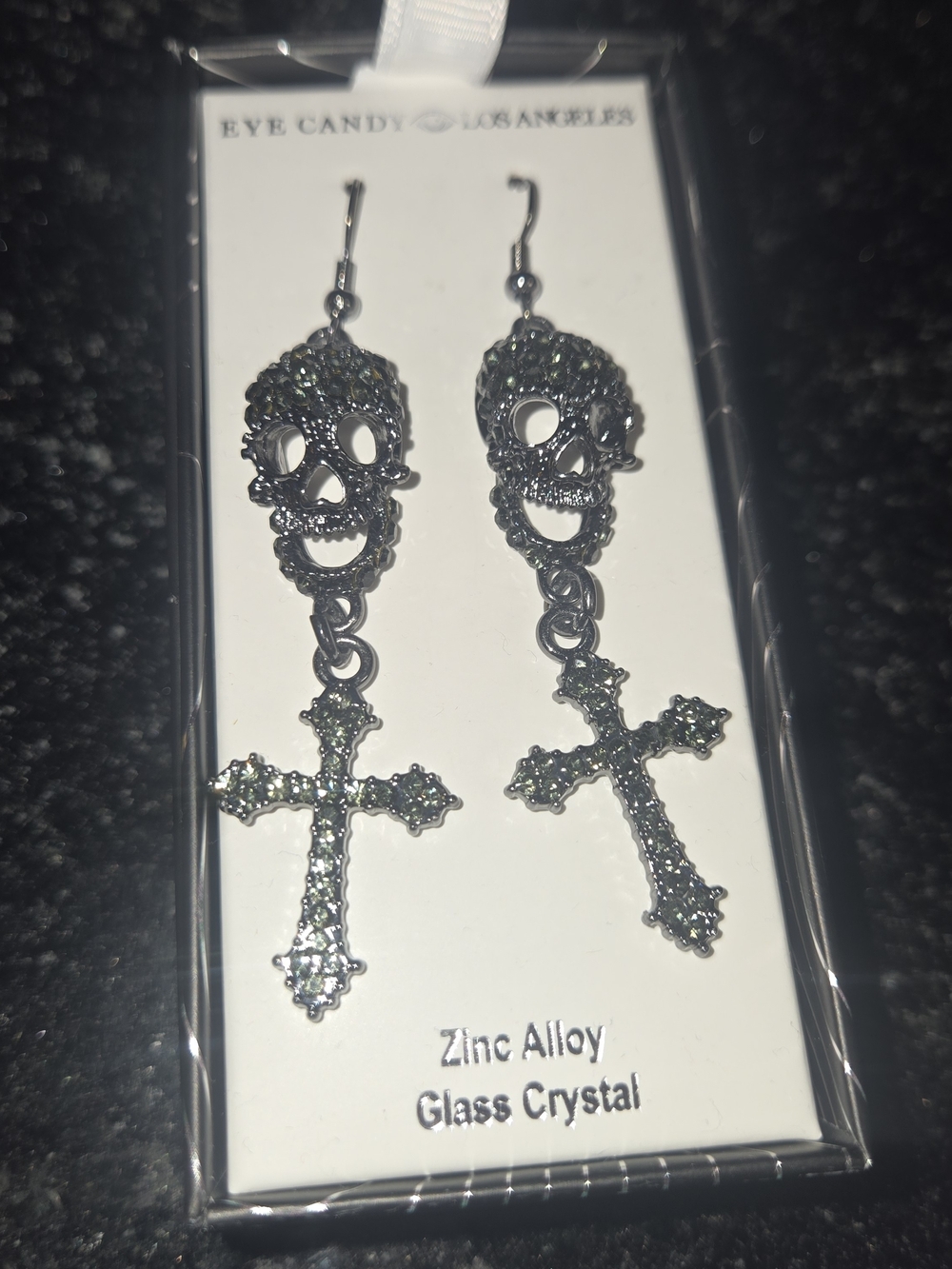 eye candy Black Crystal Skull & Cross Dangle Earrings